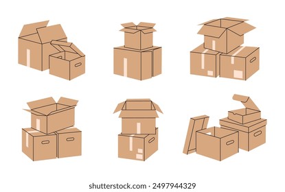 Cajas de cartón apiladas. Pilas de la caja del cartón, sistema plano de la Ilustración vectorial de la pila de las cajas del almacén de la carga. Contenedores de entrega o de movimiento dibujados a mano