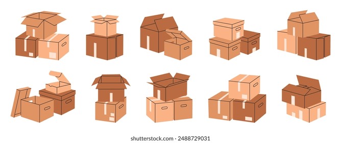 Stacked cardboard boxes. Carton cargo warehouse box piles boxes, delivery or moving carton containers stack flat vector illustration set. Hand drawn boxes on white