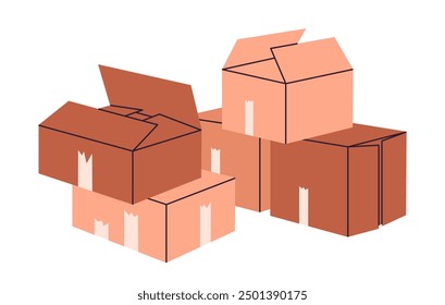 Stacked cardboard boxes. Hand drawn delivery or moving boxes piles, cargo warehouse box stack flat vector illustration. Cartoon boxes on white