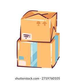 Caixas de papelão empilhadas com etiquetas e fita, pacotes embalados prontos para o transporte, entrega e conceito de logística, estilo de desenho animado doodle, formas simples, cores suaves, ilustração vetorial.