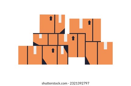 Stacked cardboard boxes. Packed cargo, goods, parcels pile. Many carton packages heap, group. Sealed freight storage and shipment. Flat vector illustration isolated on white background