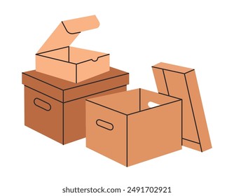 Stacked cargo boxes. Hand drawn cardboard boxes pile, warehouse box stack flat vector illustration. Moving or delivery concept on white