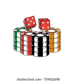 stacked chips and dice for game in the casino