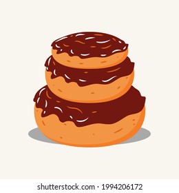 Stacked Chocolate Cream Donut Cartoon, Chocolate Donut Illustration Vector, Tasty Delicious Donut With Thick Chocolate Cream, Vector Illustration.