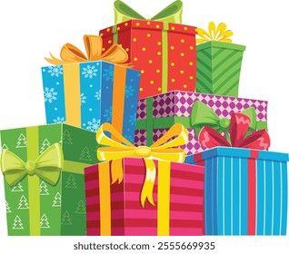 Stacked christmas gifts wrapped in vibrant, colorful paper and adorned with festive ribbons and bows, creating a joyful and cheerful atmosphere for the holiday season