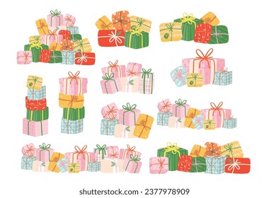 stacked of Christmas present set, cheerful and colorful gift boxes piles collection. This collection captures the festive spirit with its vibrant colors and stylish design.