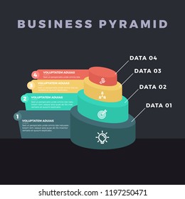 Stacked circular pyramid level stages colorful business infographic that can be used in workflow layout, diagram, business step options, banner, web design.