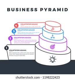 Stacked circular pyramid level stages colorful business infographic that can be used in workflow layout, diagram, business step options, banner, web design.