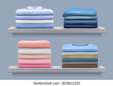 Stacked clothes. Folding clean after laundry cotton pile of fashioned clothes shirts jackets pants decent vector realistic collection
