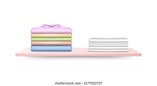 Stacked clothes. Folding clean after laundry cotton pile of fashioned clothes shirts jackets pants realistic for storage or shopping display. 3d vector illustration