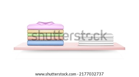 Stacked clothes. Folding clean after laundry cotton pile of fashioned clothes shirts jackets pants realistic for storage or shopping display. 3d vector illustration