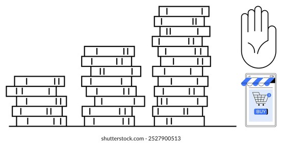 Stacked coin charts of varying heights represent financial growth. A stop hand sign and an online shopping button indicate e-commerce themes. Ideal for finance, economy, investment, savings