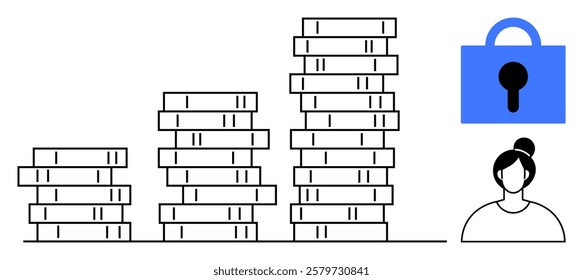 Stacked coin piles showing progression in height next to a padlock and a female figure. Ideal for financial growth security savings education investment and personal finance themes. Simple line style