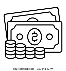 Stacked coins with banknotes thin line icon, banking concept. Vector graphics. Money bills with coin sign on white background, linear style for mobile or design