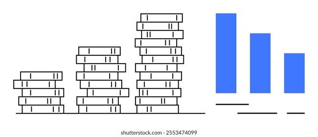Stacked coins and bar graph signify financial growth and progress. Ideal for finance, investment, budgeting, economic growth, business analysis. Clean lines with a modern, minimalist style