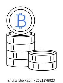 Stacked coins with bincoin logo in a minimalist style. Ideal for blockchain, cryptocurrency, digital finance, bitcoin, and investments. Black and blue, vector style.