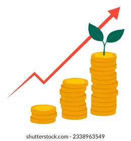Stacked coins composing a growing financial chart and arrow going upwards, successful investment concept