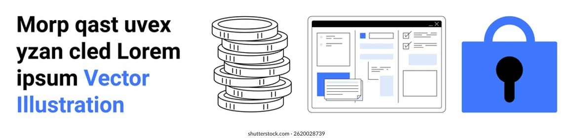 Monedas apiladas, interfaz de gestión de datos e icono de candado que significa seguridad financiera. Ideal para servicios financieros, aplicaciones bancarias, seguridad de datos, transacciones en línea, ciberseguridad