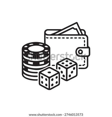 Stacked coins and dice representing gambling risk and financial instability