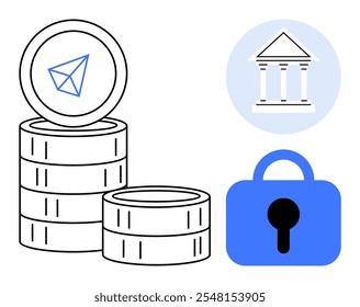 Stacked coins with a digital symbol, a blue lock, and a classical building icon. Ideal for financial security, digital currency, banking, online transactions, and economic themes. Minimalist