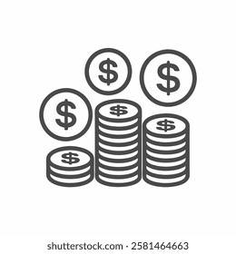 Stacked coins and dollar signs represent wealth accumulation in a minimalist vector design showcasing financial success