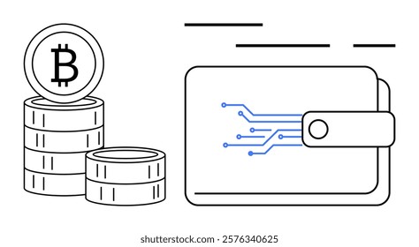 Stacked coins featuring the Bitcoin symbol next to a digital wallet adorned with an abstract circuit design. Ideal for blockchain, digital currency, fintech, investment, and modern technology