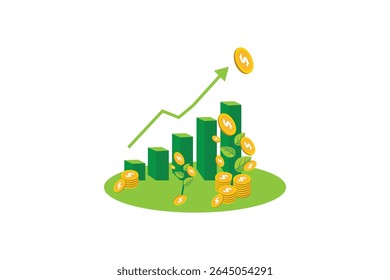 Stacked coins, green bar chart, and arrow represent financial success and profit growth.