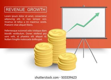 Stacked coins growth chart. Rising revenue concept. Revenue growth presentation ready for your design. Vector EPS10.