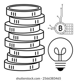 Stacked coins next to a Bitcoin symbol with circuit lines and a lightbulb. Ideal for illustrating cryptocurrency, digital innovation, financial technology, blockchain technology, and economic ideas