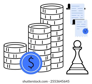 Stacked coins, a receipt with a checkmark, and a chess piece representing strategic financial planning. Ideal for business finance investment strategy money management and accounting. Clean