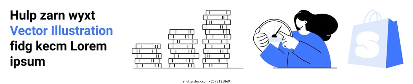 Stacked coins representing financial growth, a person analyzing data with a magnifying glass, and a shopping bag. Ideal for e-commerce, online shopping, financial growth, business analysis, digital