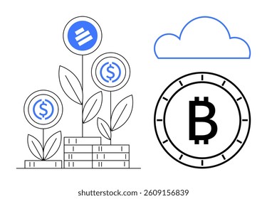 Stacked coins topped with cryptocurrency icons growing as plants symbolize investment growth, cloud storage above, large Bitcoin symbol on the right. Ideal for financial growth, digital economy