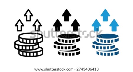 Stacked coins with upward arrows icon and financial growth vector. Money symbol for investment profit, savings increase, and economy success. Vector Illustration.