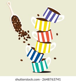 Stacked Colorful Coffee Cups with Coffee Beans Illustration