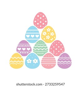 Ovos de Páscoa coloridos empilhados decorados em cores pastel – ilustração de primavera plana bonita