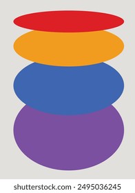 Stacked colorful ovals creating a modern, minimalist design. The simple yet striking arrangement of red, orange, blue, and purple shapes adds a bold, abstract touch to any contemporary artwork.