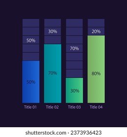 Stacked column infographic chart design template for dark theme. Percentage division. Compare values. Infochart with vertical bar graphs. Visual data presentation. Myriad Pro-Bold, Regular fonts used