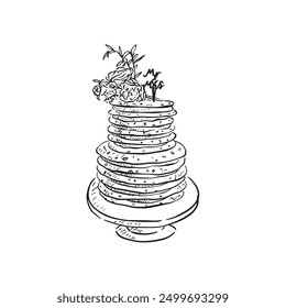 A stacked cookie cake separated with icing. Chocolate chip alternative wedding cake with florals on the top. Drawn by hand as a vector. Black and white line drawing. 