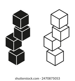 Stacked cube icons. Black and white vector. Geometric 3D shapes. Abstract design set.