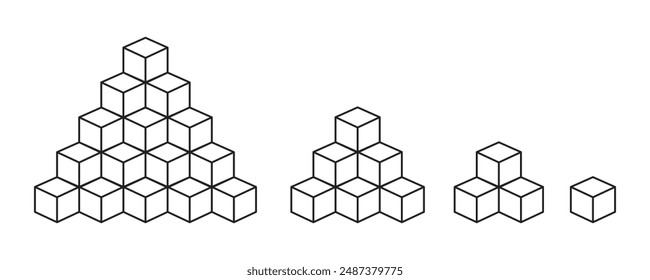 Stacked cube pyramids. Black outline vector.