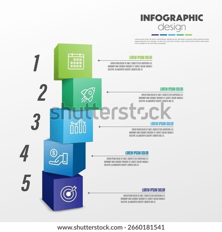 Stacked cubes infographic timeline presentations and business concept charts with 5 options