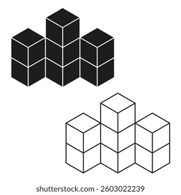 Stacked cubic shapes. Geometric arrangement design. Abstract black and white vector. Minimal modern illustration.