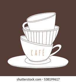  Stacked cups illustration. Hand drawn set of cups. Cafe vector design