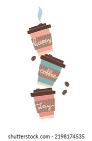 Stacked cute three coffee paper cups in pastel colors with inscription text on them. Happy coffee day lettering creative concept. Vector flat hand drawn illustration isolated on a white background.