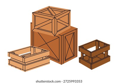 Gestapelte Zustellkästen. Holz Liefercontainer, Waren Versand Holzkisten flache Vektorgrafik. Cartoon Fracht Holzkisten auf weißem Hintergrund