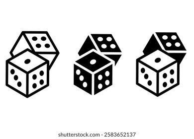 Stacked dice icons. Rolling dice shapes. Black white cubes. Vector gambling symbol.