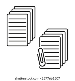 Stacked document icon. Organized paper shape. Paperclip detail. Black outline vector.