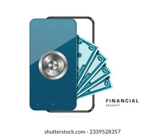 stacked dollar bills and emerge from smartphone after encrypting online financial protection by turning encryption knob similar to one used by the vault, vector 3d isolated for finance online concept