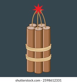 Stacked dynamite sticks bundled with rope and a lit fuse on a gray background