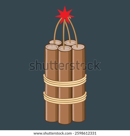 Stacked dynamite sticks bundled with rope and a lit fuse on a gray background
